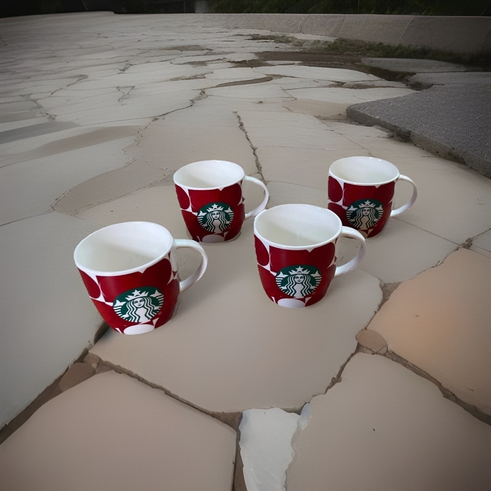 Lot of Starbucks Set of 4 Red Ornament Coffee Mugs Cups Mermaid Logo‎